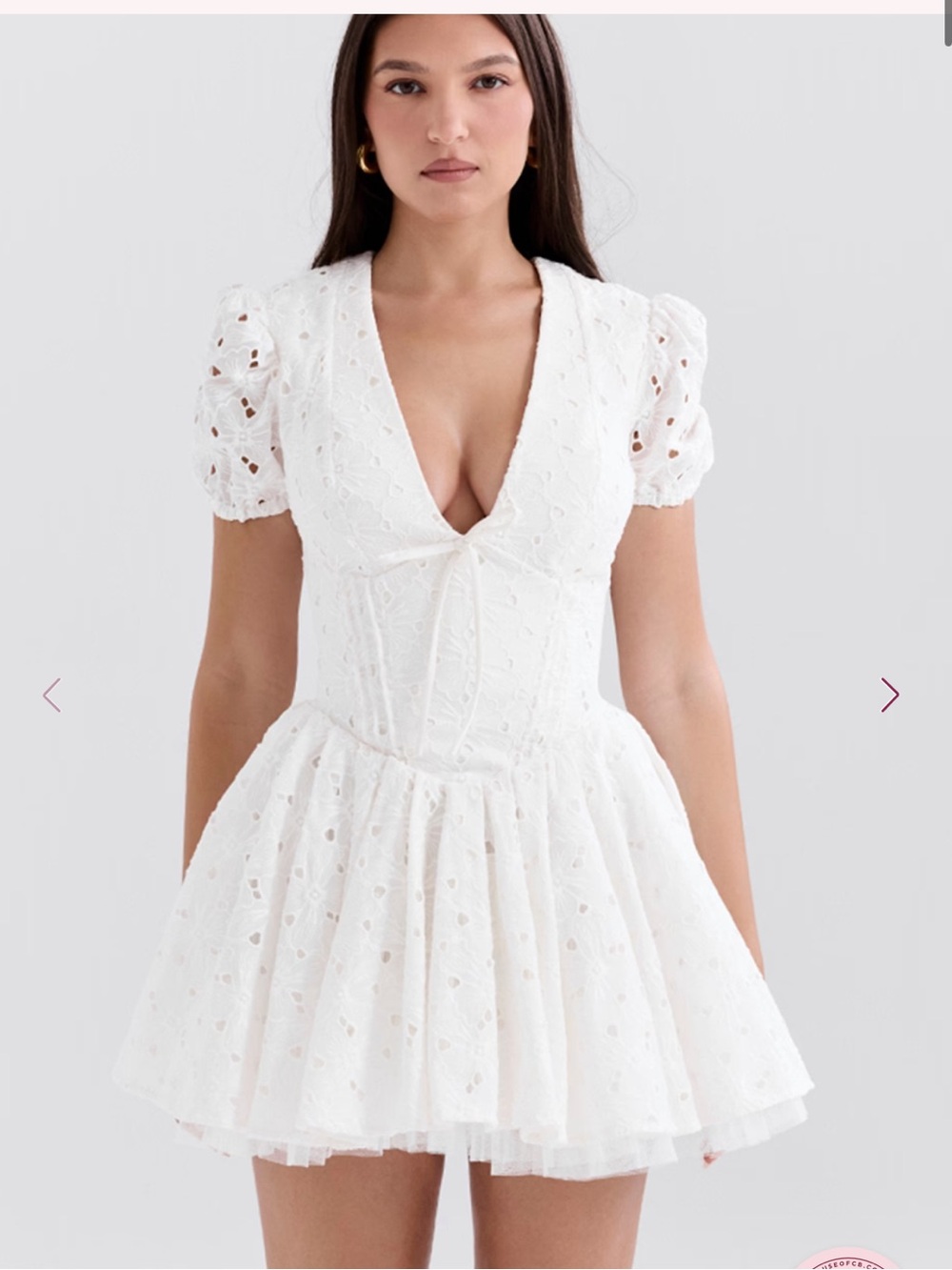House of CB white Imani Pleated Broderie Anglais Mini Dress S